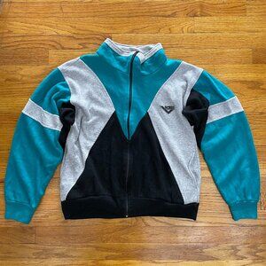Vintage Pony Mens M Full Zip Jersey Knit Track Jacket Teal Gray White